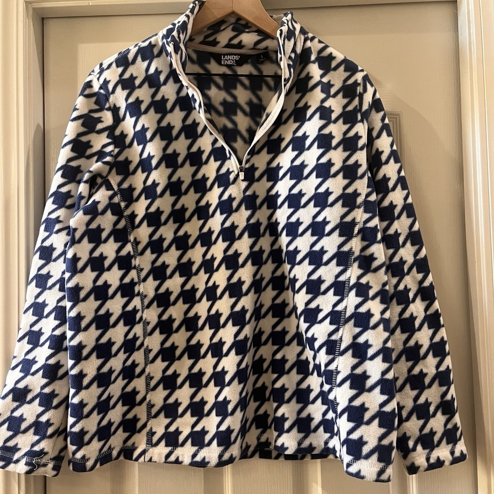 Houndstooth Fleece 1/4 Zip Sweater L Blue Off White Preppy Outdoor Winter Wear